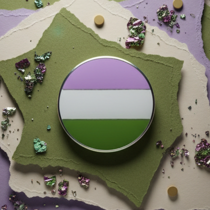 The Genderqueer Pride Badge features bold lavender, white, and green stripes, symbolizing empowerment and visibility. Set against a playful backdrop, it embodies self-expression and prideful joy.