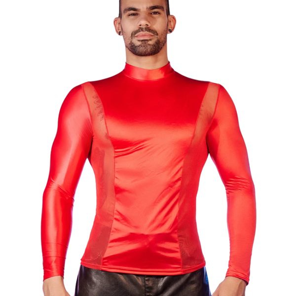 Man wearing the Glossy Realness Mesh Top, a shiny, form-fitting, high-neck red top. This bold and empowering piece accentuates curves, reflecting queer pride and self-expression, perfect for making a statement.