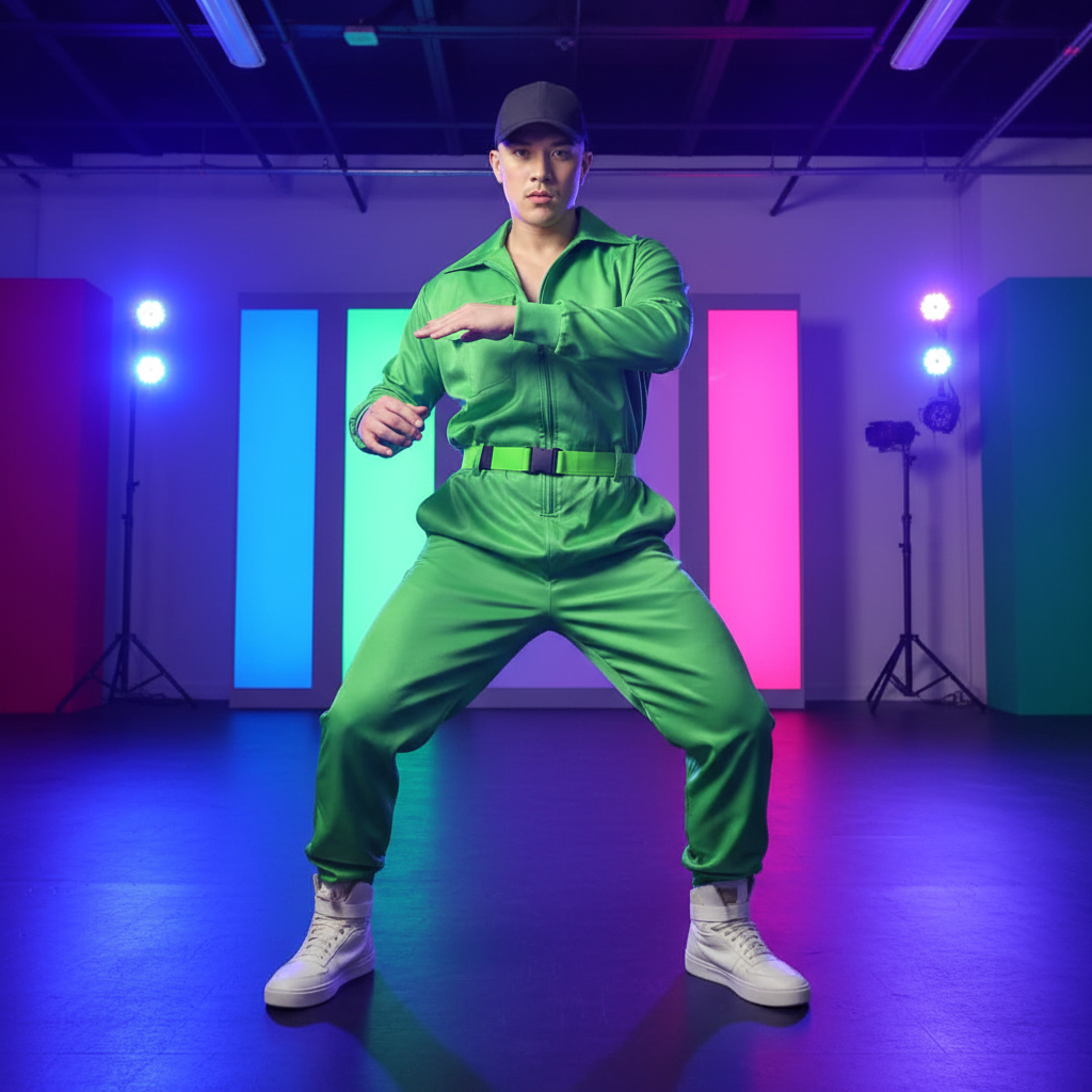 Green Hip-hop Performance Costume Set with green jumpsuit, belt, white sneakers, and dark cap; queer model in bold lit studio.