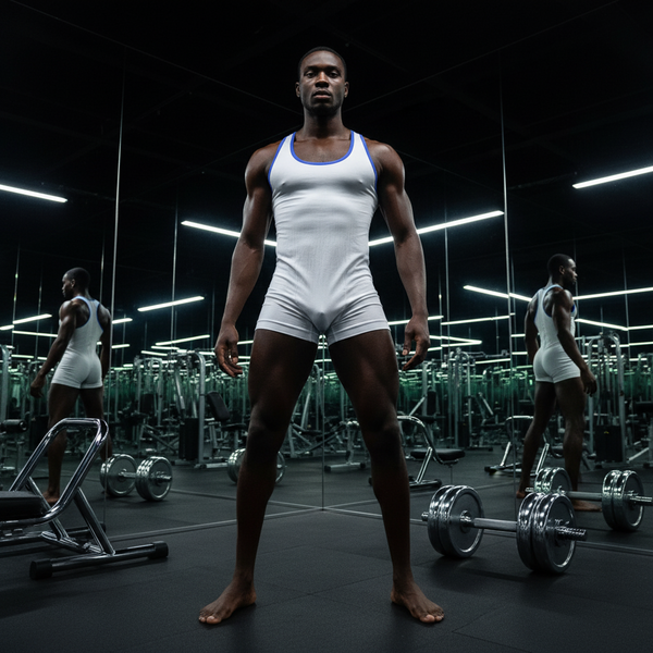 Muscular man in the “Gym Bunny Approved Men’s Bodysuit” stands barefoot, legs apart, on a gym floor with mirrors and equipment.