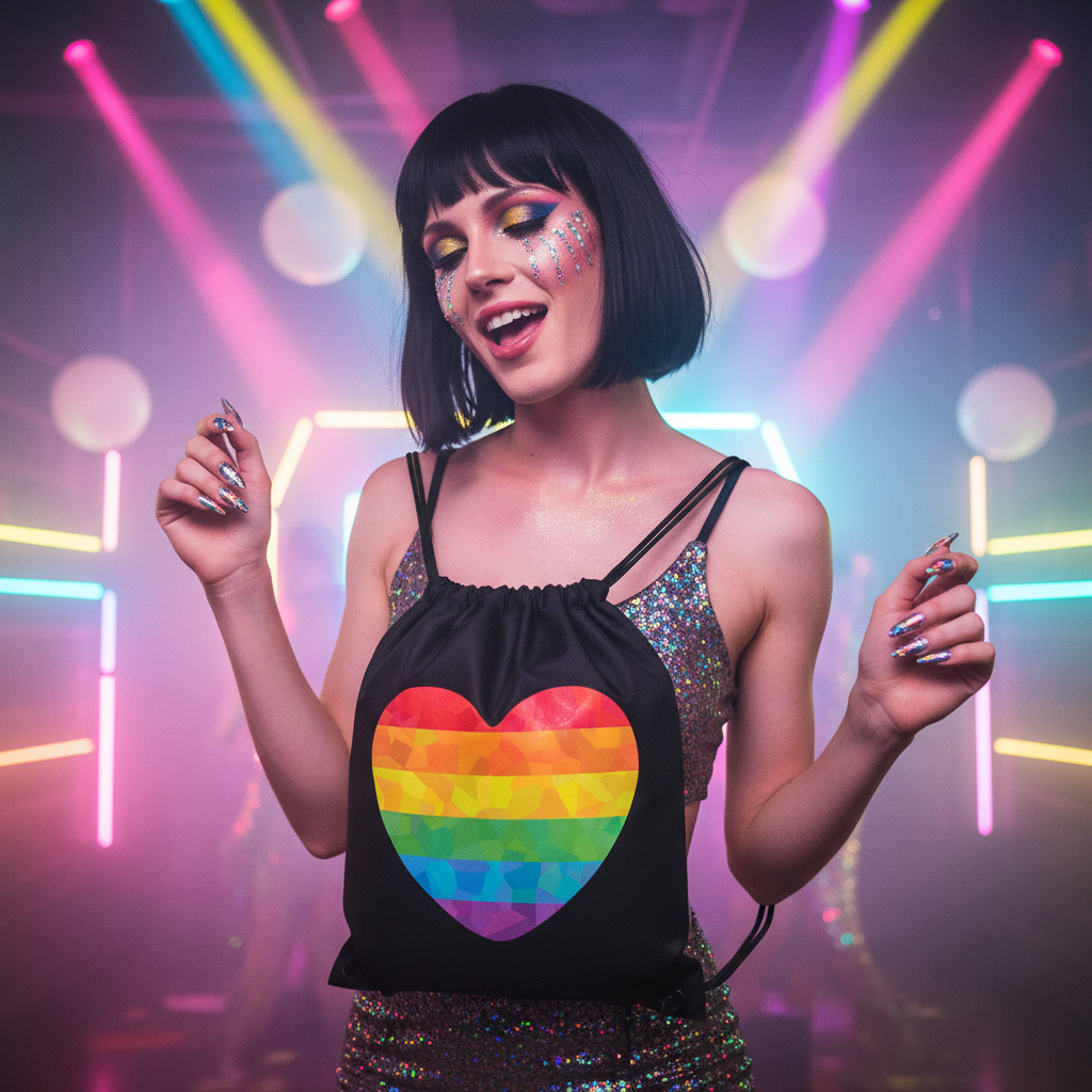 Glitterheart Pride Drawstring Bag with a geometric rainbow heart, held by a queer person in sparkly clothes under neon lights.