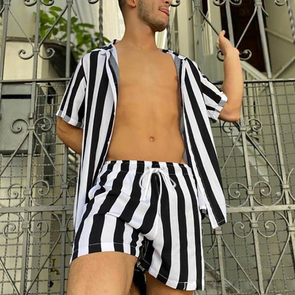 Black Festival Stripes Short Sleeve Shirt + Shorts (2 Piece Outfit) by Queer In The World sold by Queer In The World: The Shop - LGBT Merch Fashion