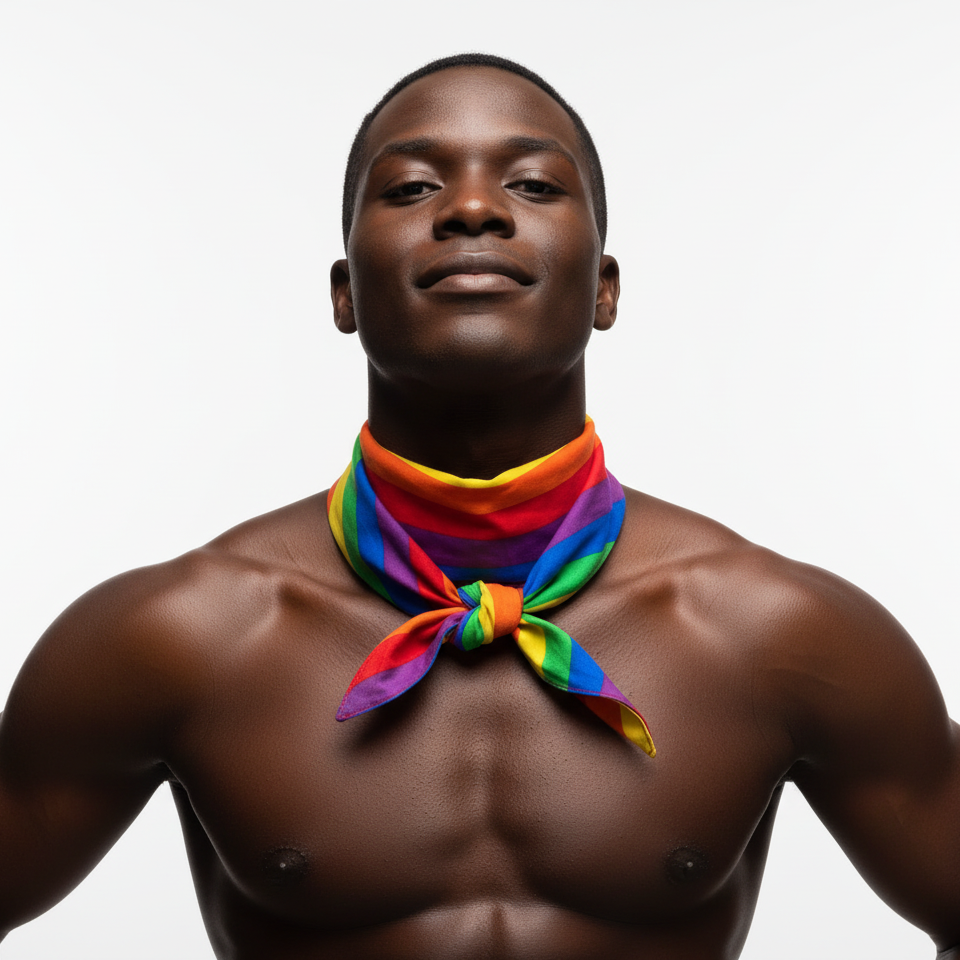 Shirtless man models the LGBT Pride Bandana around his neck, showcasing its vibrant, rainbow-striped design. This accessory embodies pride, empowerment, and self-expression, perfect for celebrating LGBTQIA+ identity and visibility.