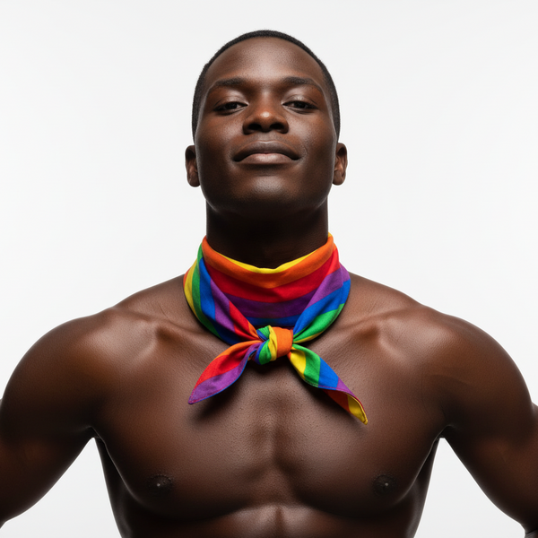 Shirtless man models the LGBT Pride Bandana around his neck, showcasing its vibrant, rainbow-striped design. This accessory embodies pride, empowerment, and self-expression, perfect for celebrating LGBTQIA+ identity and visibility.
