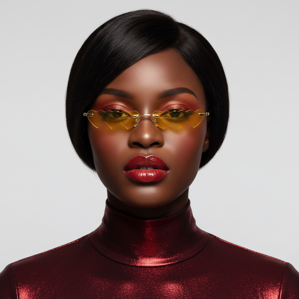 Triple Threat Heart Sunglasses on a femme with dark skin, straight black hair, bold red eye makeup, and a metallic burgundy turtleneck.