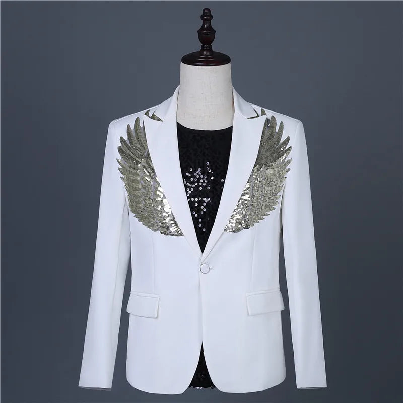 White winged blazer with gold sequin feathered lapels, displayed on a mannequin over a black sequin shirt