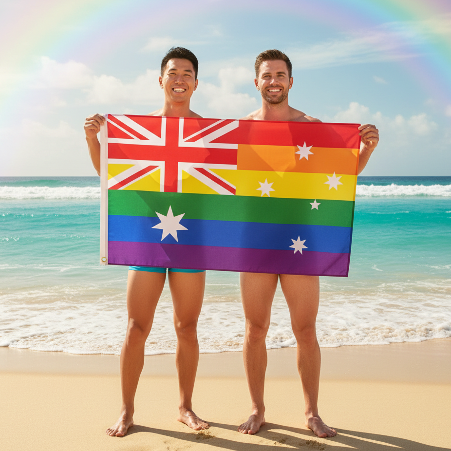 Two shirtless men on a beach hold the Gay Australia Pride Flag, featuring rainbow stripes and Australian elements, celebrating LGBTQIA+ pride and visibility against a backdrop of ocean waves and a faint rainbow.