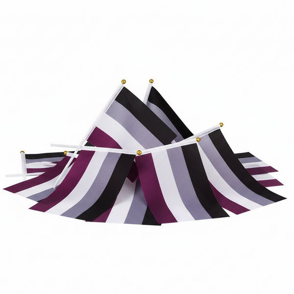 A small pile of 25 Handheld Asexual Pride Flags, featuring horizontal stripes in black, gray, white, and purple, symbolizing demisexual pride, crafted from durable polyester for vibrant, inclusive self-expression.