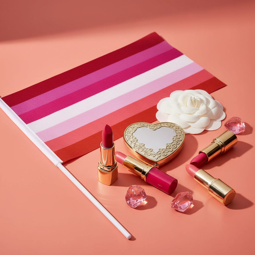 Lipstick lesbian pride flag with gold-cased lipsticks, a heart-shaped mirror, and a camellia ornament. Celebrate bold visibility with Queer In The World's 30 Lesbian Handheld Pride Flags.