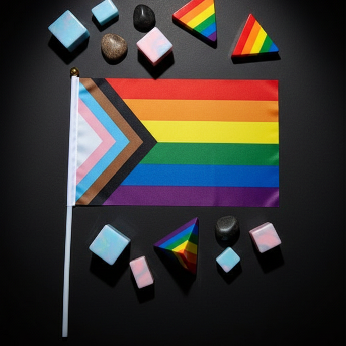 Handheld “Progress” Pride flag showcasing rainbow and chevron stripes, surrounded by pastel cubes and rainbow prisms, embodying Queer In The World's vibrant LGBTQIA+ pride and self-expression collection.