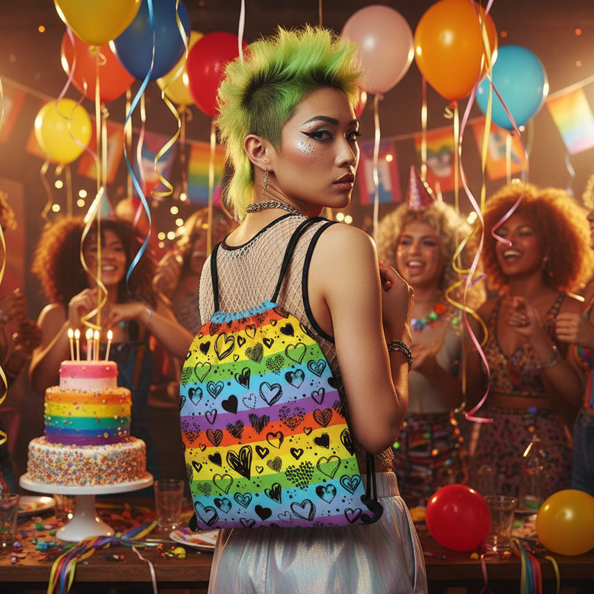Rainbow Love Doodles Drawstring Bag, worn by a queer person with a green mohawk at Pride, amid balloons, streamers, rainbow cake, friends.