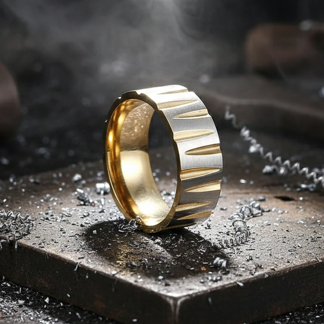 Carbide Titanium Triangle Groove Ring with silvery angular grooves and gold interior, on a metal workbench; embodies queer strength and subtle pride, crafted for empowerment and self-expression.
