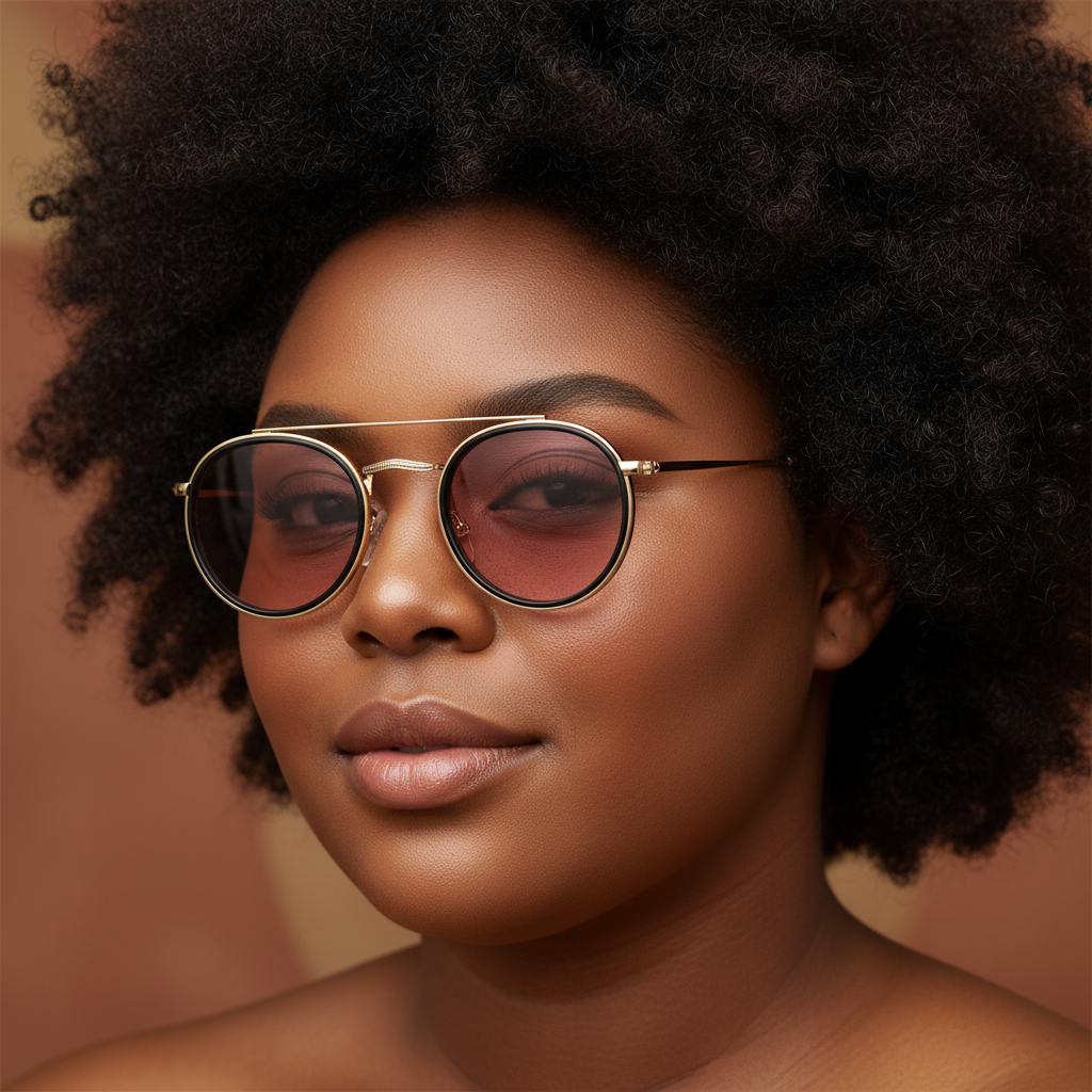 A queer woman with medium-dark skin and natural afro hair wears Retro-Resilience Round Sunglasses with pink lenses and smiles warmly.