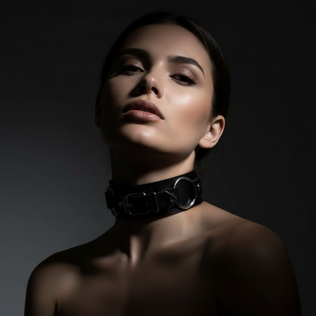 A dramatic portrait highlights the Punk Sweetheart Choker, a bold PU leather collar with polished O-ring, embodying queer empowerment and self-expression through its edgy, confident design.
