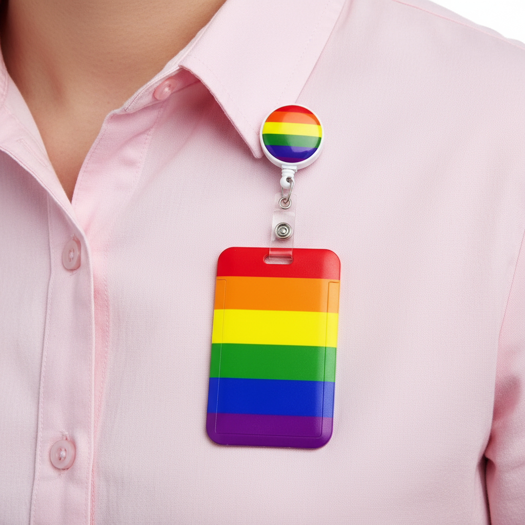 Show Your Pride LGBTQ+ ID Holder Clip features a rainbow-striped retractable badge reel on a light pink shirt, symbolizing queer visibility and empowerment with durable, easy-clean materials for everyday pride.