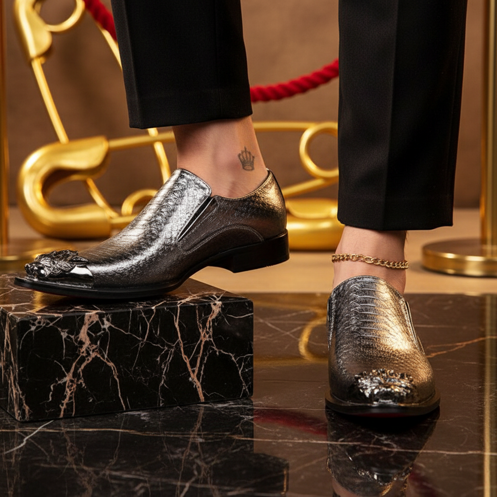 Lavish metallic gold and silver dress shoes with jeweled toe caps, paired with black pants, gold anklet, crown tattoo, and glam accents.