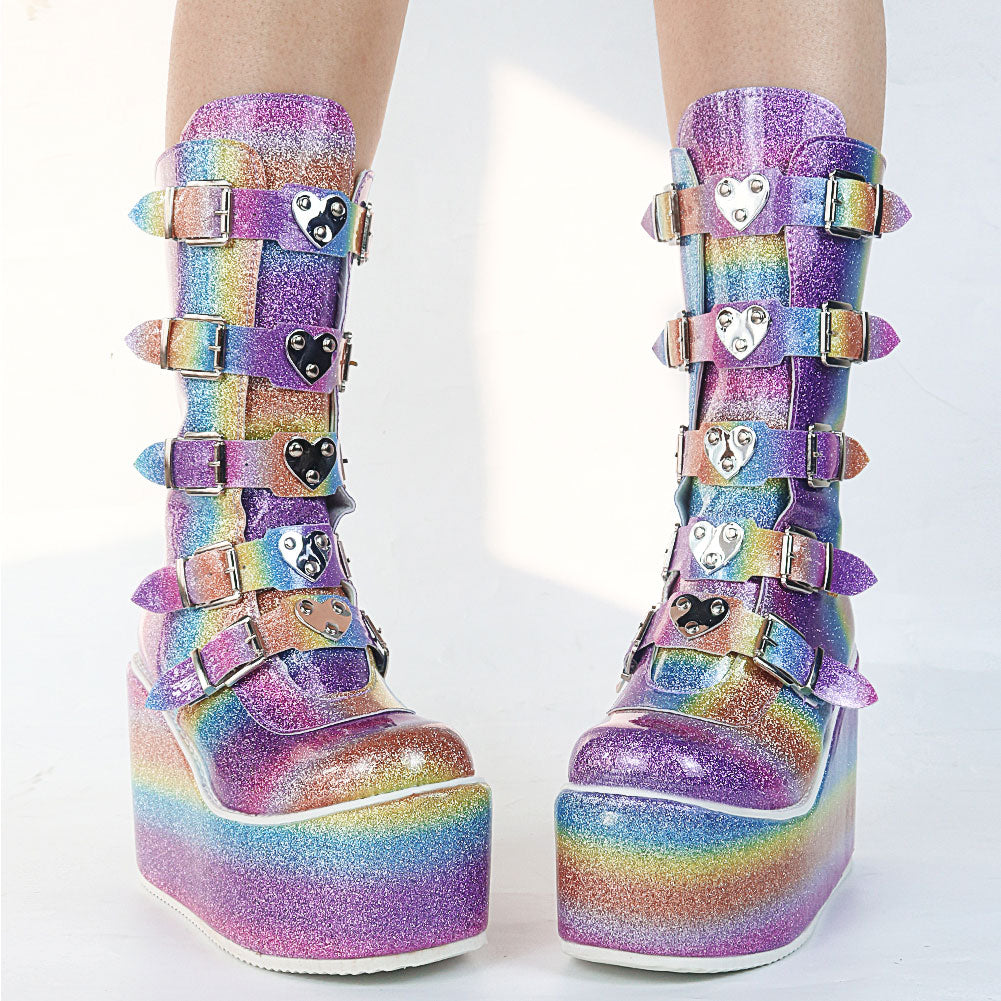 White Sparkling High Heel Buckle Boots by Queer In The World sold by Queer In The World: The Shop - LGBT Merch Fashion