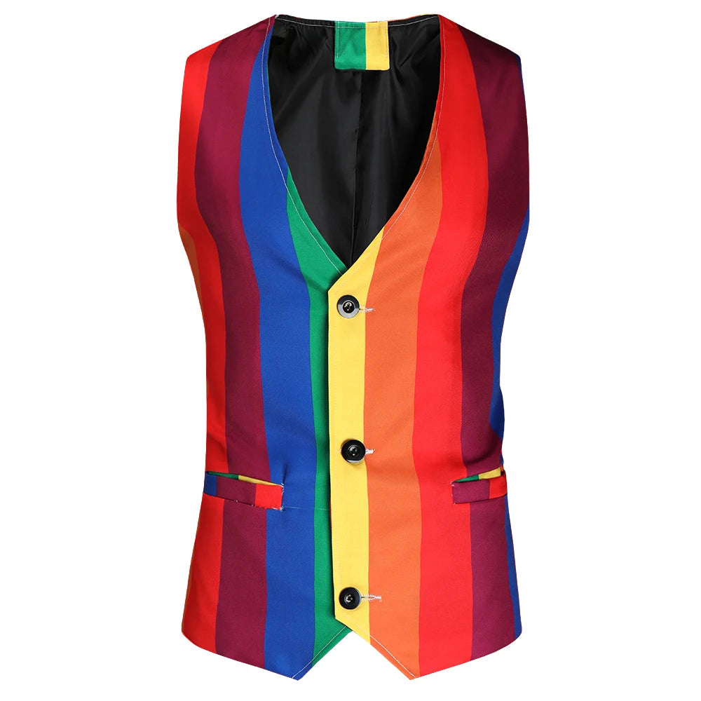 Rainbow Striped Deep V-Neck Vest With Buckle