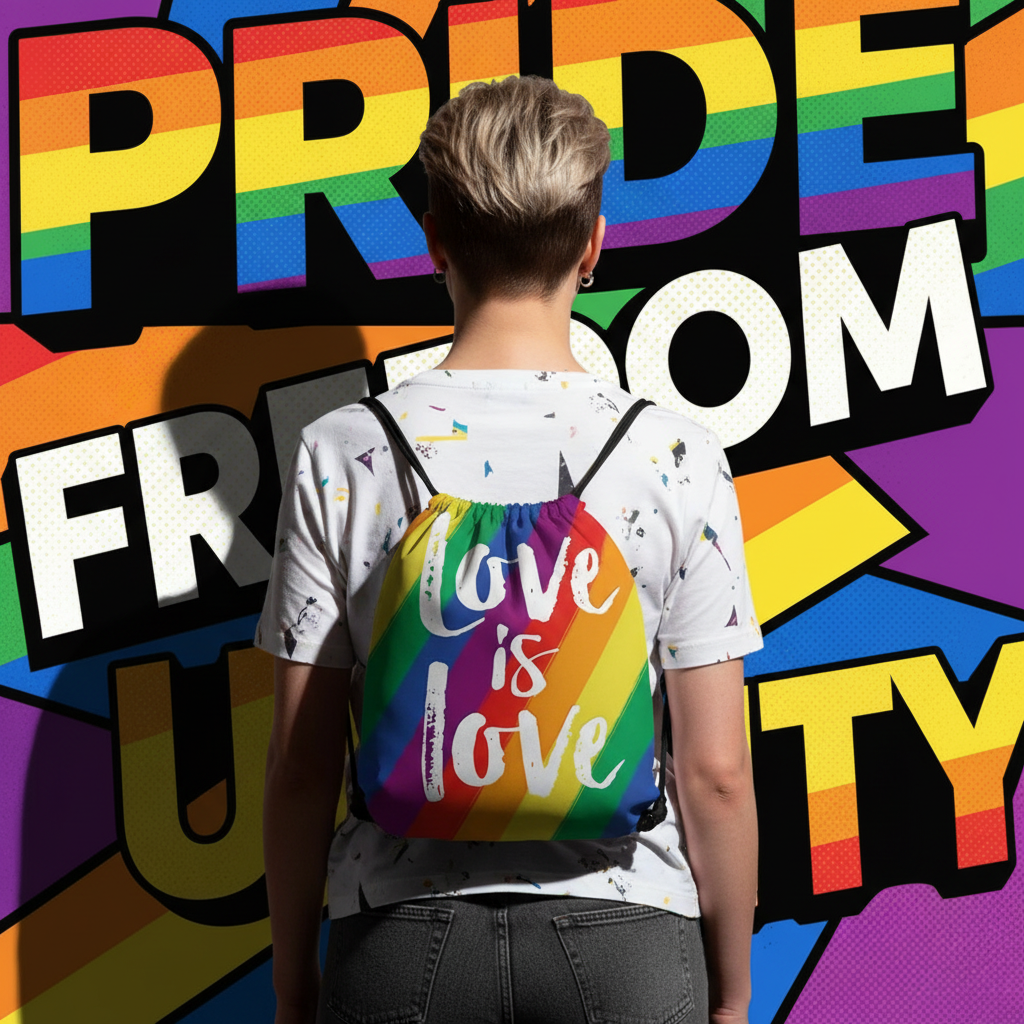 Love Is Love Drawstring Bag worn by a short-haired person, facing a rainbow wall with “PRIDE,” “FREEDOM,” and “UNITY.”.