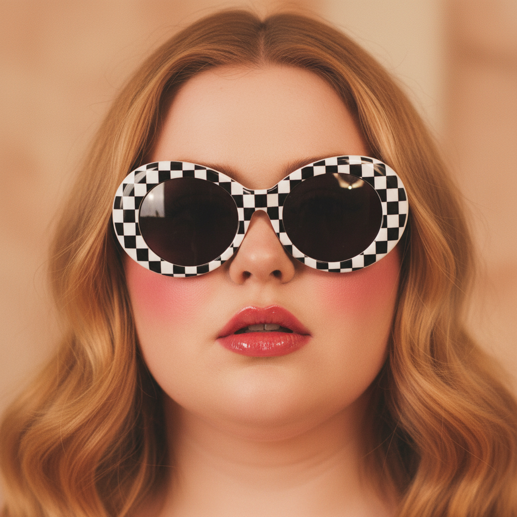 Queer femme with wavy light brown hair in bold black-and-white Plaid Vintage Sunglasses, glossy pink lips; beige background.