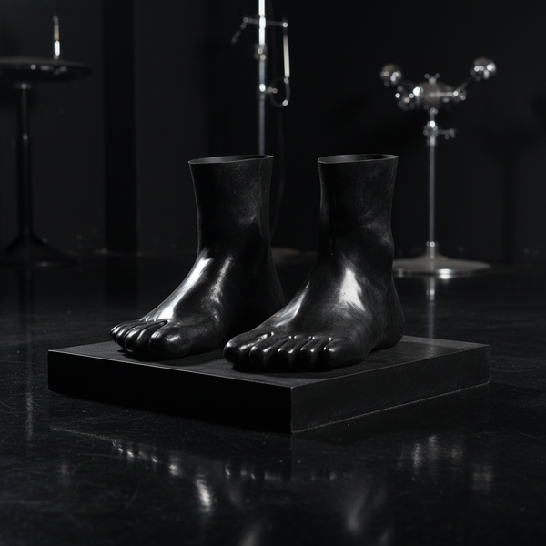 Wetlook Fetish Socks—large, black, hyper-realistic sculpted feet on a black platform in a moody room with edgy metallic gear.