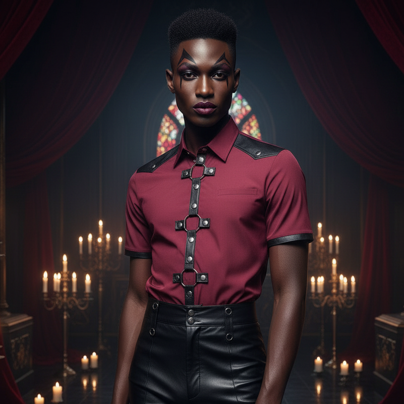 Young person in a gothic chapel wears the Kink Black Knit Shirt, a burgundy button-up with black leather trim and buckle straps, celebrating queer pride and bold self-expression.