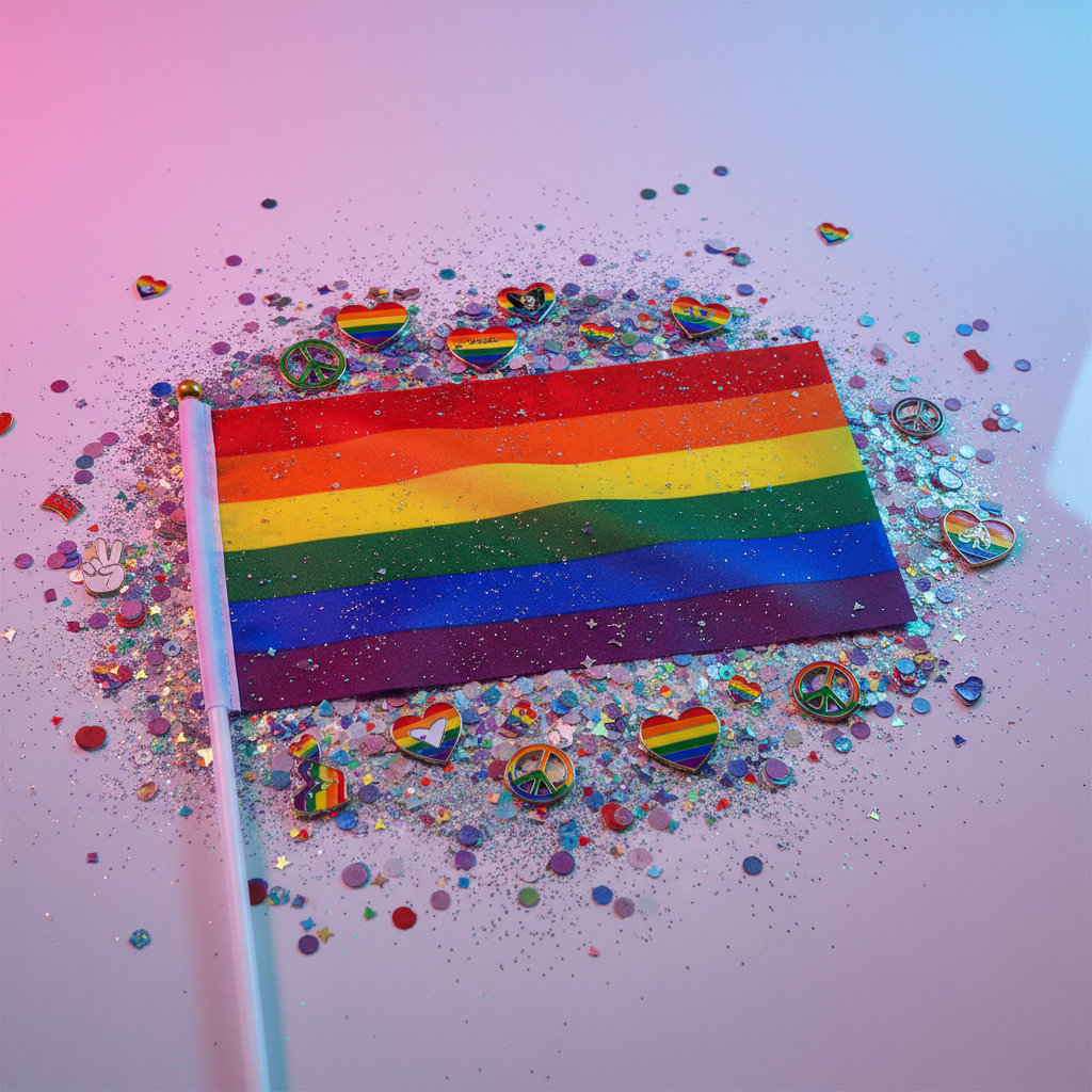 A small handheld LGBT Pride flag on a tabletop with multicolored confetti, glitter, and rainbow-patterned pins and stickers, embodying Queer In The World's vibrant, empowering celebration of self-expression.