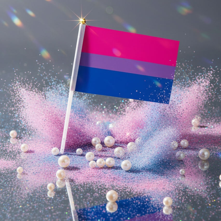 25 Handheld Bisexual Pride Flags on a white pole with gold finial, set on reflective surface with pink, blue glitter, and pearl-like beads, embodying joyful queer empowerment and vibrant self-expression.