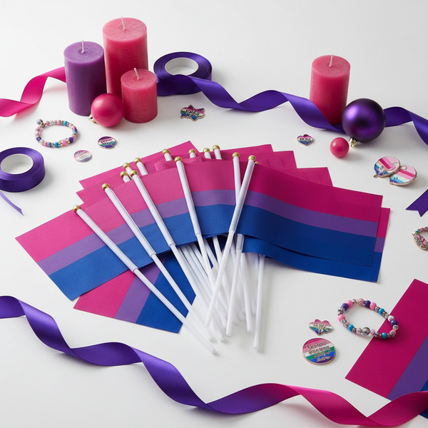 25 Handheld Bisexual Pride Flags fanned out, surrounded by pink and purple candles, ribbons, baubles, and pride-themed accessories, celebrating queer visibility and self-expression with vibrant bisexual flag colors.