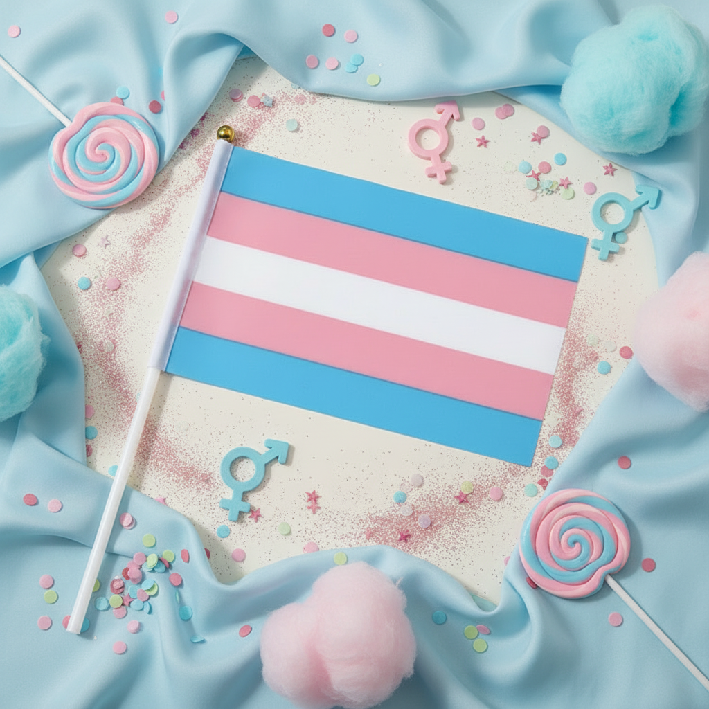 Handheld Transgender Pride Flags in a vibrant pastel flat lay, featuring a transgender pride flag, blue fabric swirls, confetti, cotton-candy puffs, spiral lollipops, and transgender symbols, embodying queer pride and empowerment.