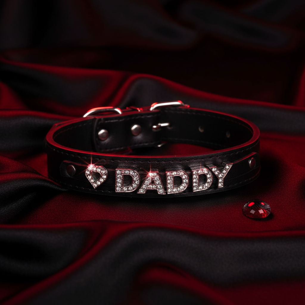 Sparkling Kink BDSM Leather Collar showcases bold self-expression with rhinestone-encrusted DADDY letters and heart detail, perfect for queer empowerment and visibility. Adjustable faux leather exudes sexy, confident energy.