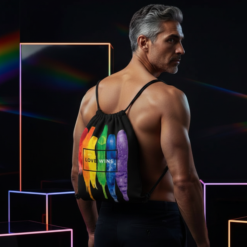 Black drawstring bag with rainbow handprint and "LOVE WINS" slogan worn by gray-haired man; neon queer lights glow behind.