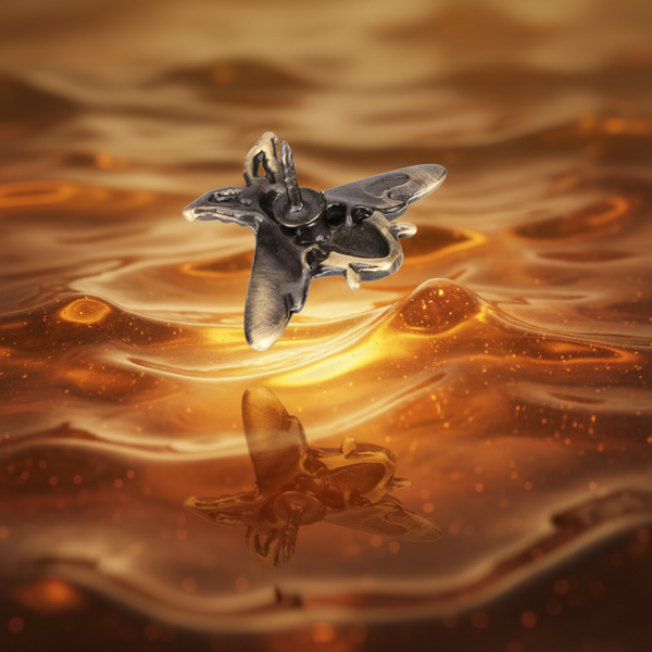 Bee Vintage Suit Brooch, a metallic bee-shaped accessory, hovers above amber-gold liquid, reflecting vibrant queer pride and vintage glamour.
