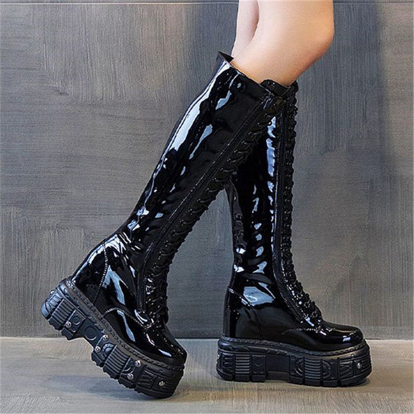 Genuine Leather Knee High Platform Wedge Boots