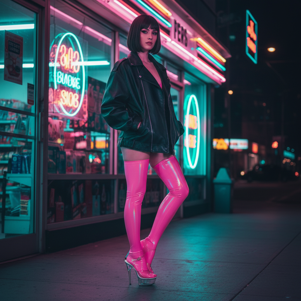 Young woman in thigh-high High-Gloss Fierce Drama PVC Stockings, glossy hot-pink with clear platform heels, embodies bold self-expression against a neon-lit street, celebrating queer empowerment and visibility.
