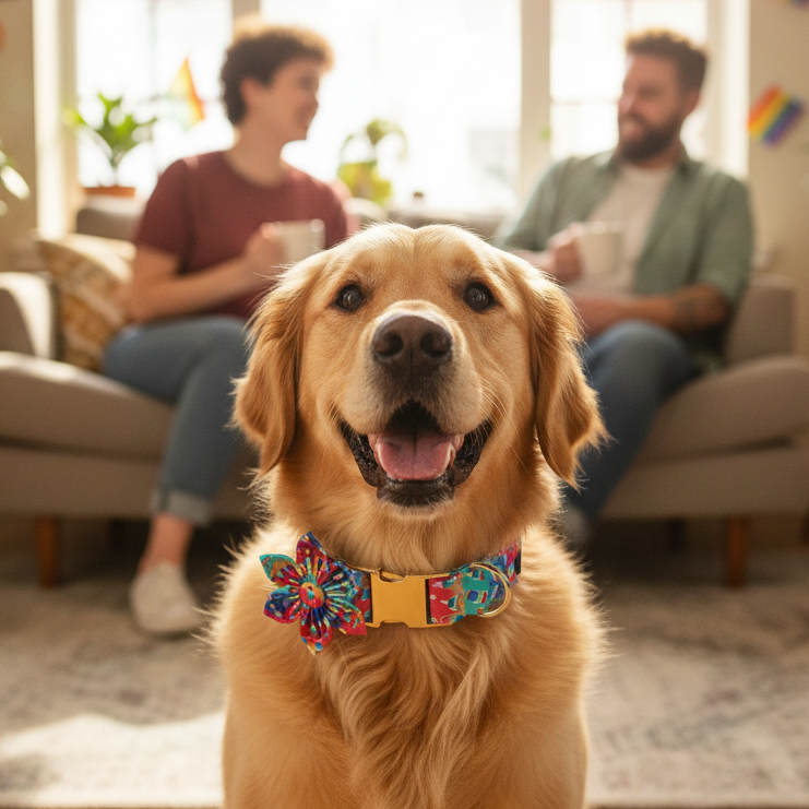 LGBTQ Rainbow Popsicle Dog Collar on a happy golden retriever; rainbow Pride flags brighten the sunny, queer-friendly living room.