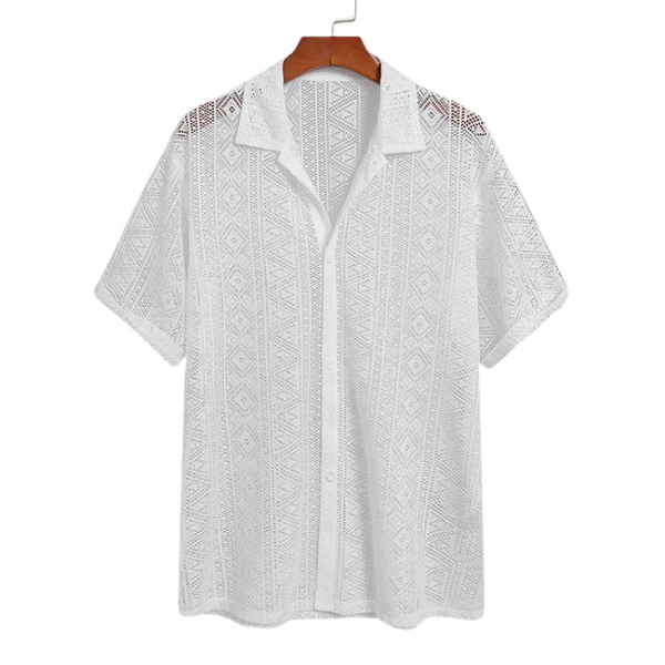 Lace Lapel Half Sleeve Solid Color Shirt