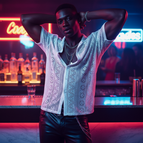 Lace Lapel Half Sleeve Solid Color Shirt on a confident young man at a neon-lit bar, embodying queer pride and self-expression with layered chains and leather-style pants, exuding bold, sexy energy.