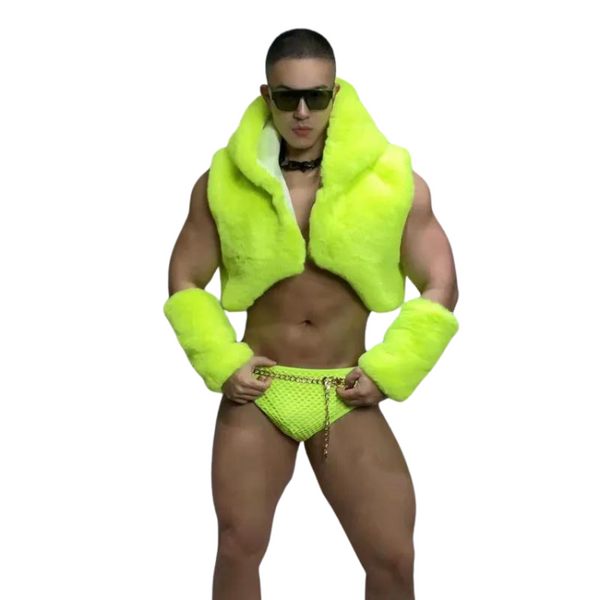 Men's Fluorescent Green Faux Fur Vest Set