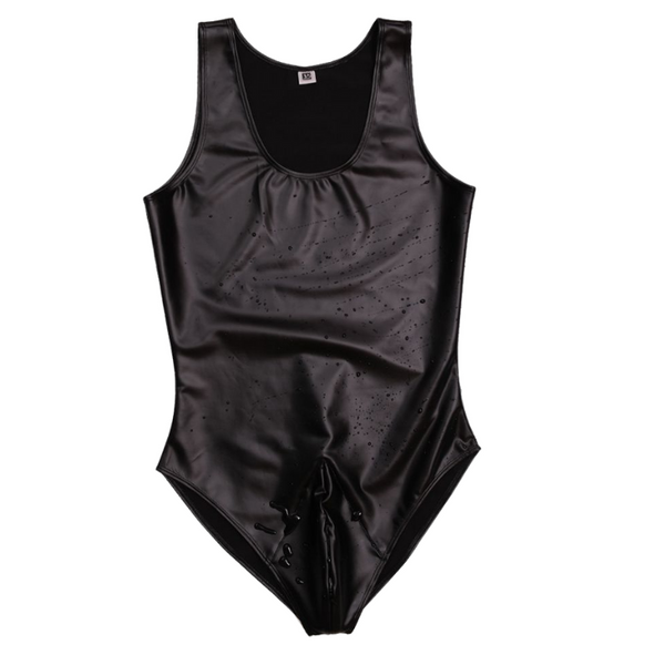 Men's High Stretch Spandex Bodysuit in sleek, glossy wet-look material with a sculpted fit, water droplets highlighting its sheen, designed for bold, expressive queer self-expression and confidence.