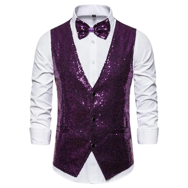 Men's Sequin Deep V-Neck Button Basics Vest: A white dress shirt adorned with a vibrant purple sequined vest and matching bow tie, embodying flamboyant pride and bold self-expression.