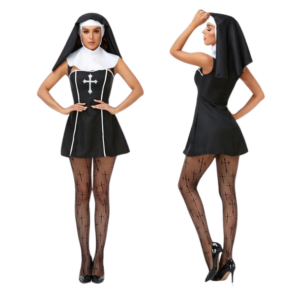 The Naughty Nun Costume features a bold, form-fitting black dress with white piping, a cross emblem, and a matching veil. Includes fishnet stockings and high heels, blending sanctity with sexy pride.