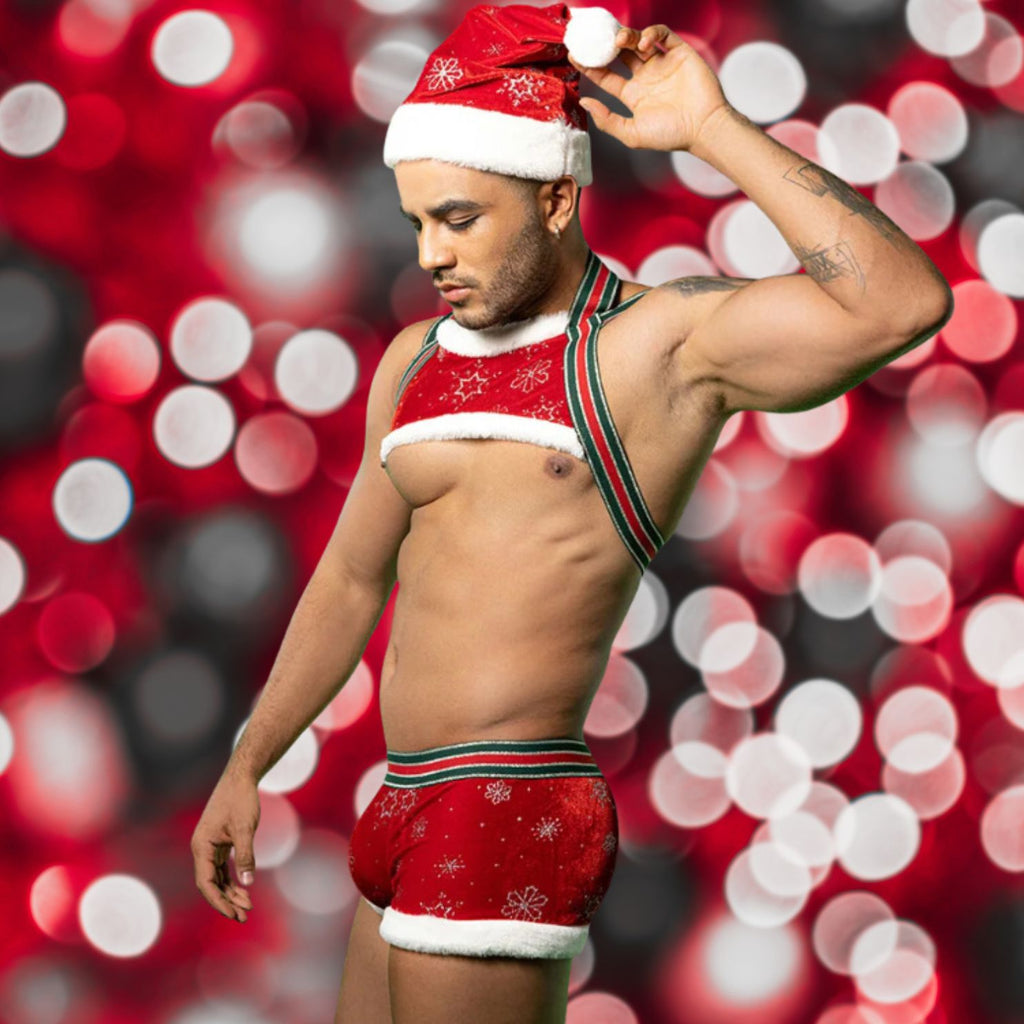 A shirtless model in the Naughty Claus Holiday Kink Costume, featuring a red fur-trimmed harness and briefs with snowflake patterns, playfully holding a Santa hat, embodies bold, festive queer pride.