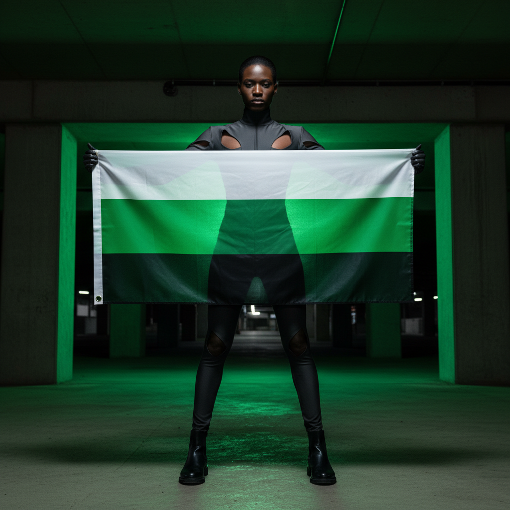 A tall figure in a sleek black outfit holds a Neutrois Pride Flag with bold green and white stripes, embodying queer visibility and empowerment in a moody, futuristic setting.