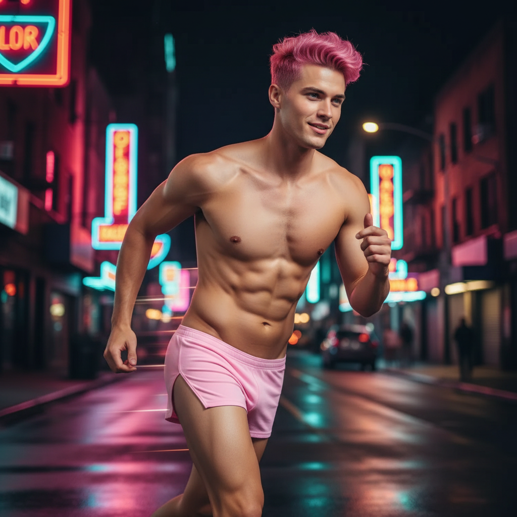 A shirtless man with pink hair and shorts runs through a neon-lit city, embodying the bold, empowering spirit of NightQuest Comfort Boxers, celebrating queer pride and self-expression.