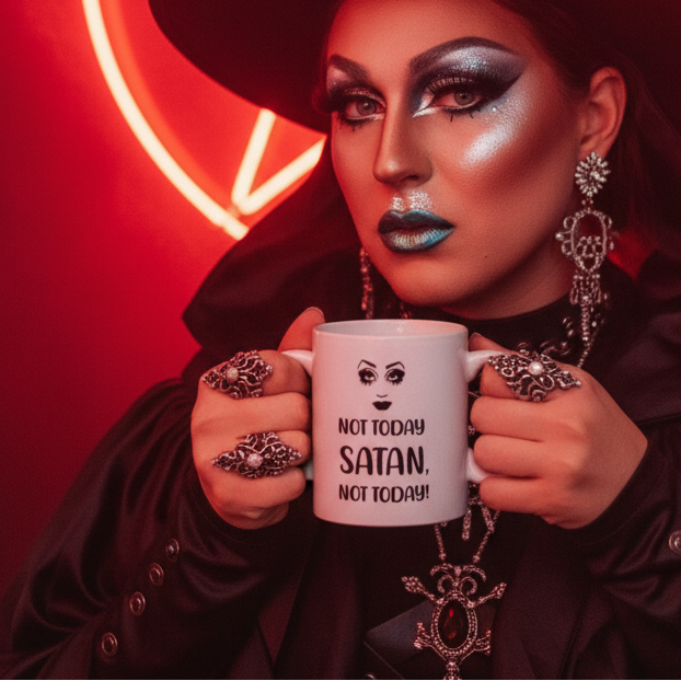 Person wearing theatrical makeup and ornate jewelry holds a Not Today Satan Mug with stylized eyes and empowering text, embodying bold queer pride and playful defiance against a red-lit backdrop.