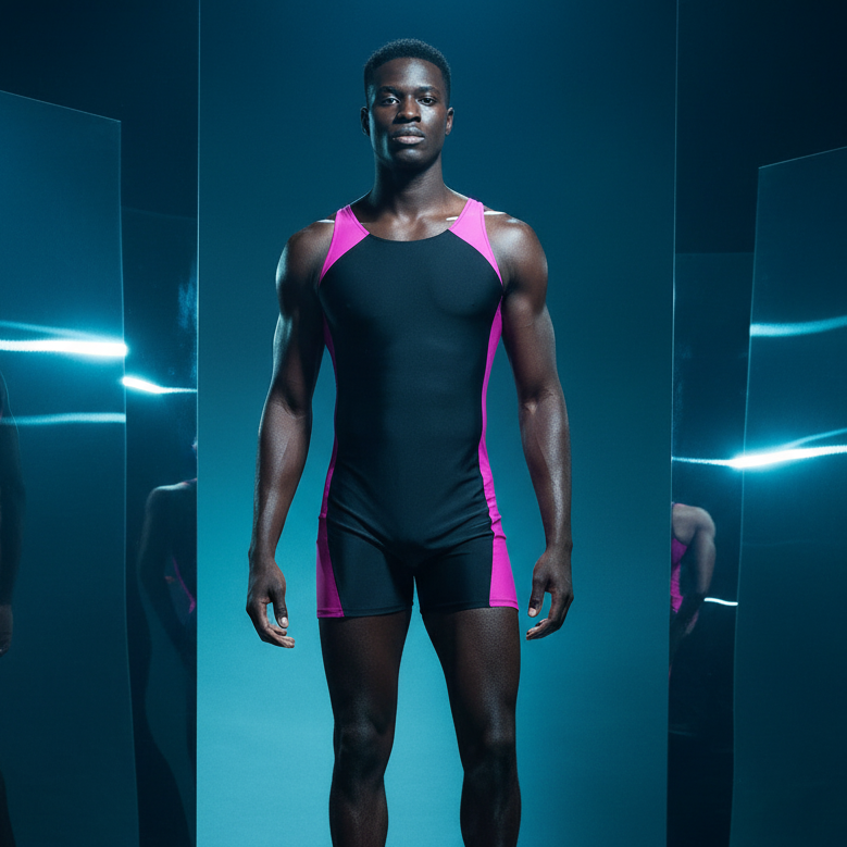 One-Piece Male Swim Jumpsuit in black and pink, body-hugging on a confident man; mirrors and lighting showcase athleticism.