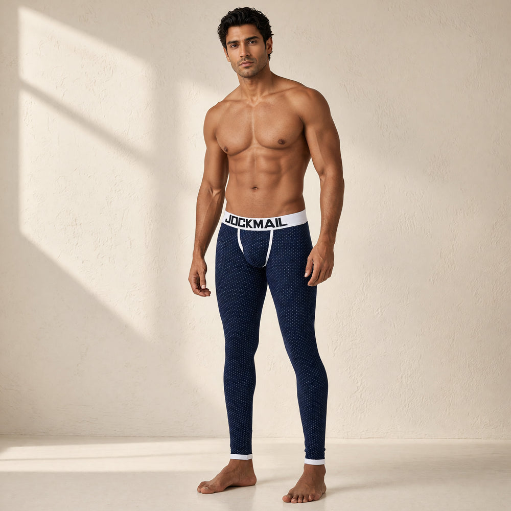 Jockmail Thermal Long Johns / Underwear in Navy Blue, worn by an adult man