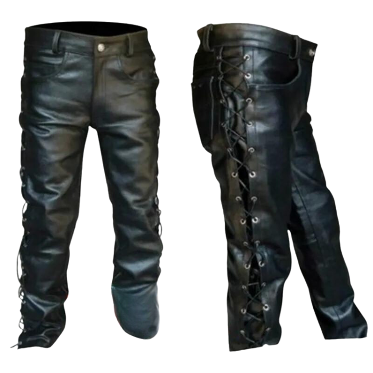 PU Leather Patch Pockets Black Straight Pants