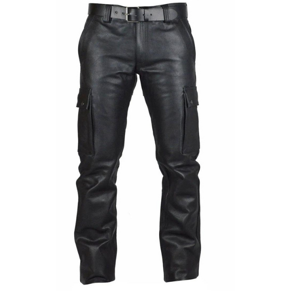 PU Leather Patch Pockets Black Straight Pants